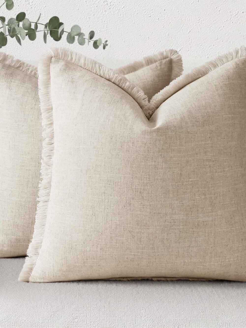 Linen Fringe Natural Beige Throw Pillow Covers 18x18 Set of 2